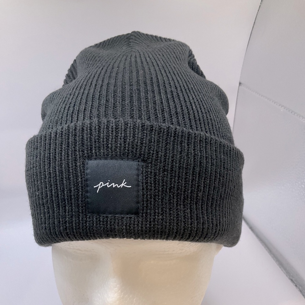 Victoria Secret Pink Black Ribbed‎ Beanie New In Package